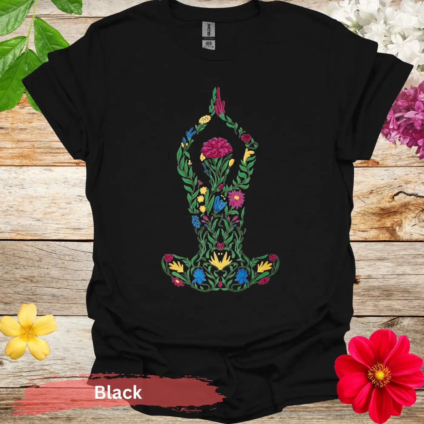 Floral Yoga Pose Colorful Art T-Shirt - S / Black - Physical Item