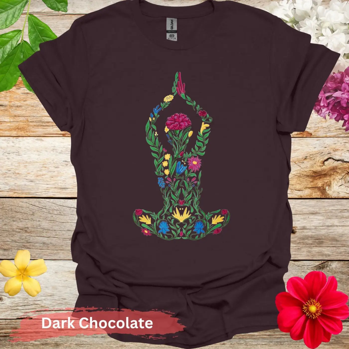 Floral Yoga Pose Colorful Art T-Shirt - S / Dark Chocolate - Physical Item