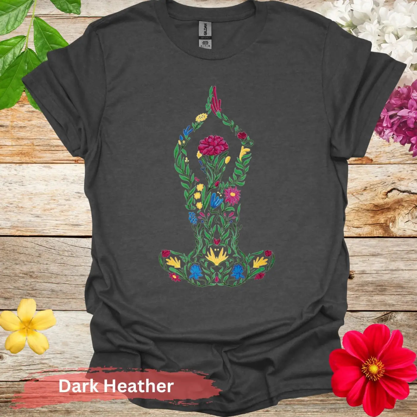 Floral Yoga Pose Colorful Art T-Shirt - S / Dark Heather - Physical Item