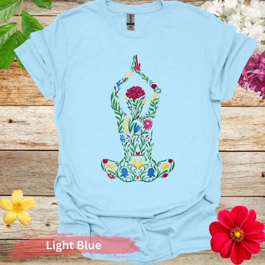 Floral Yoga Pose Colorful Art T-Shirt - S / Light Blue - Physical Item