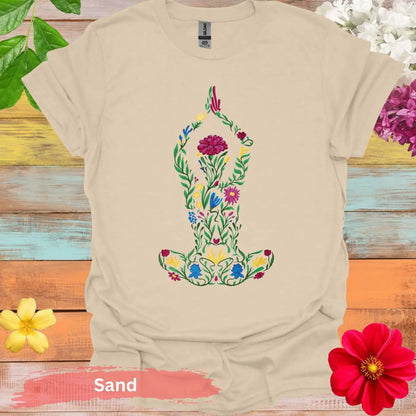 Floral Yoga Pose Colorful Art T-Shirt - S / Sand - Physical Item