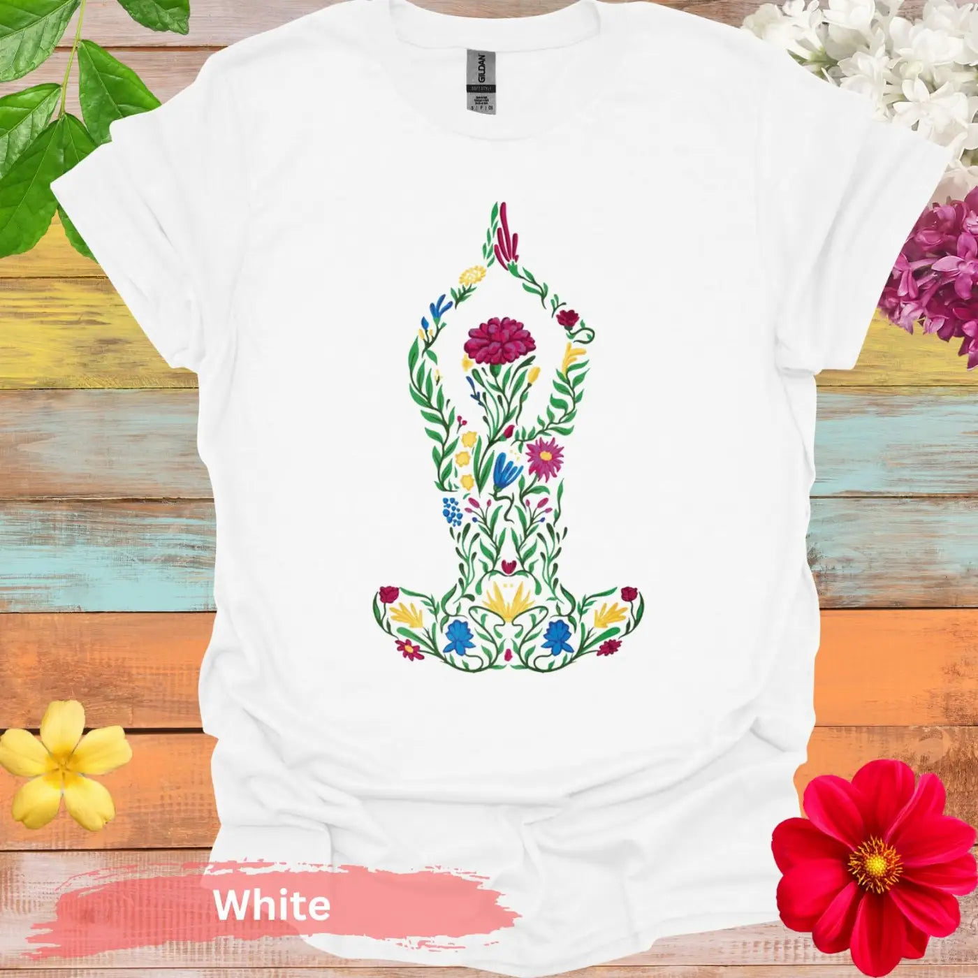 Floral Yoga Pose Colorful Art T-Shirt - S / White - Physical Item