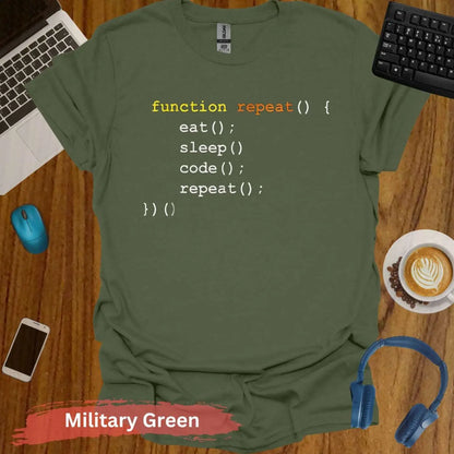 Function Repeat Eat Sleep Code () funny computer science T-Shirt - S / Military Green - Physical Item