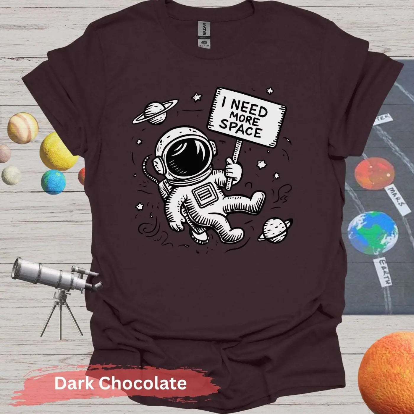 Funny Astronaut I Need More Space T-Shirt - S / Dark Chocolate - Physical Item