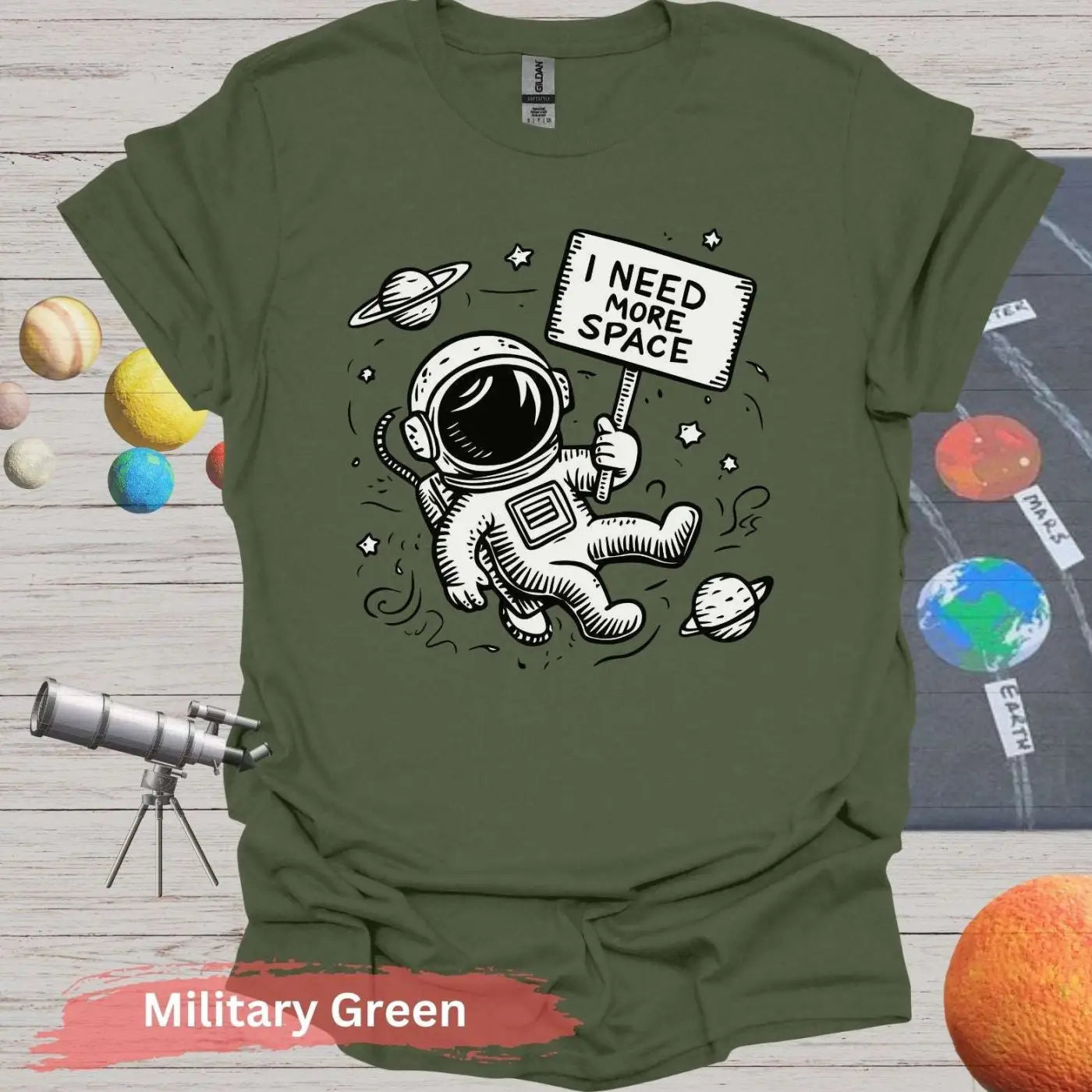 Funny Astronaut I Need More Space T-Shirt - S / Military Green - Physical Item