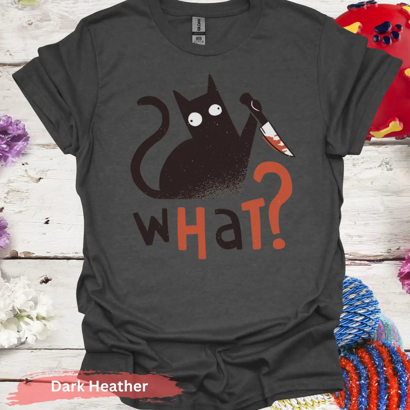 ’What’ Black Cat T-shirt - S / Dark Heather - Physical Item