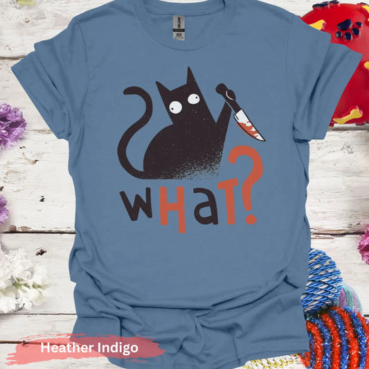 ’What’ Black Cat T-shirt - S / Heather Indigo - Physical Item