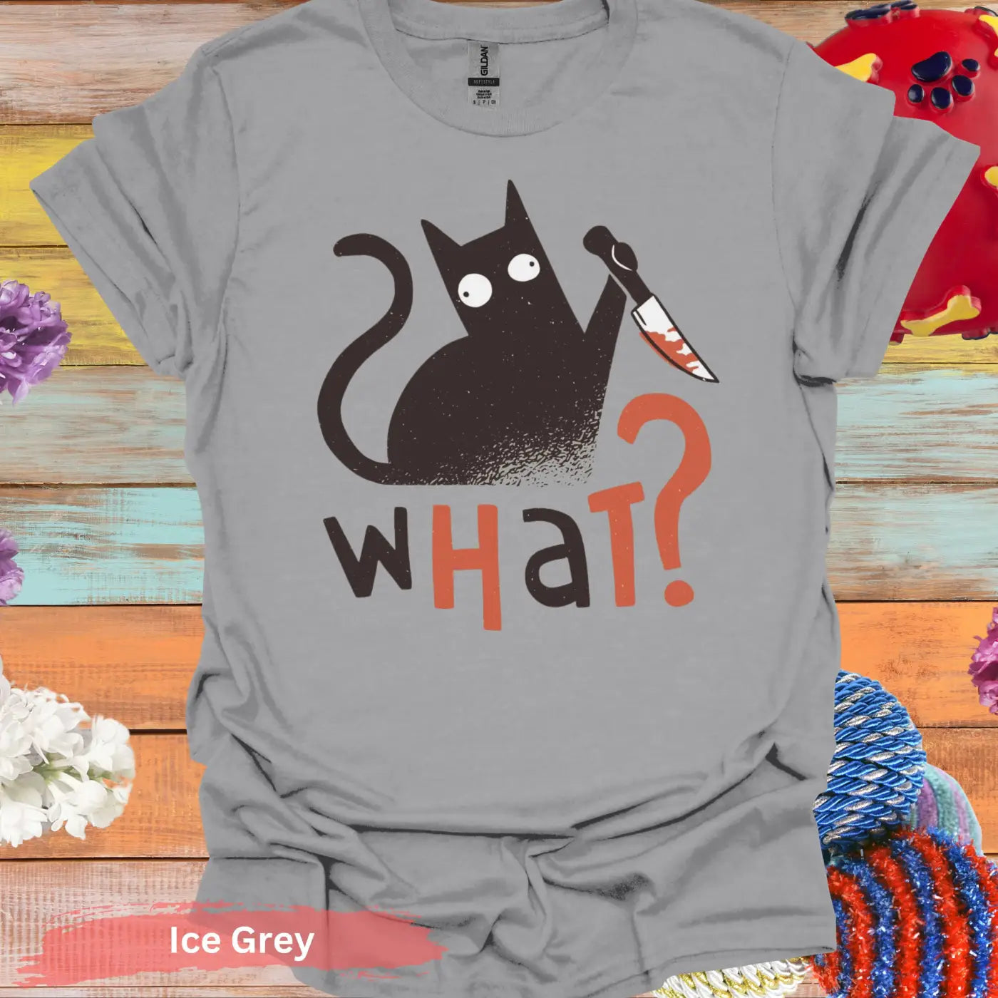 ’What’ Black Cat T-shirt - S / Ice Grey - Physical Item