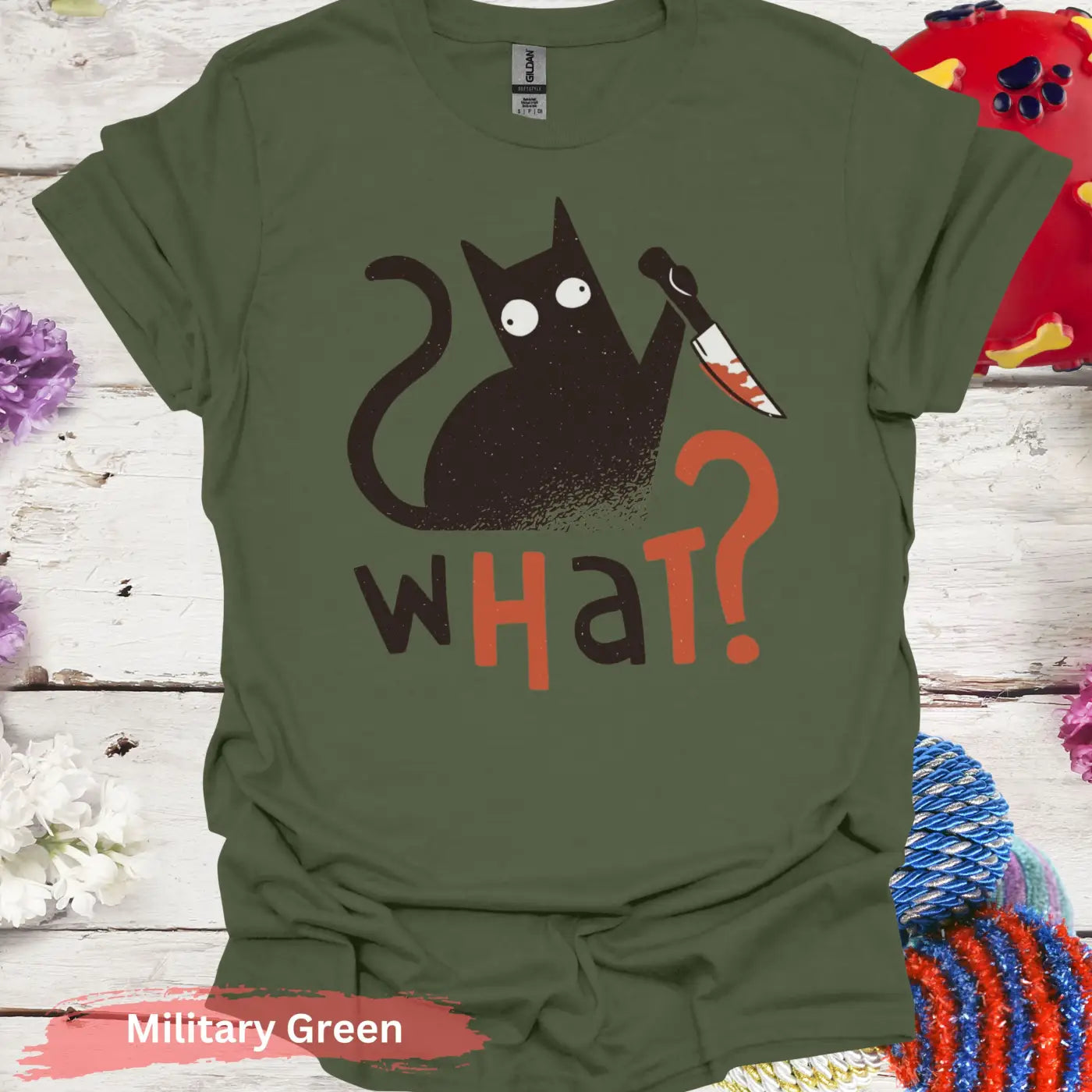 ’What’ Black Cat T-shirt - S / Military Green - Physical Item