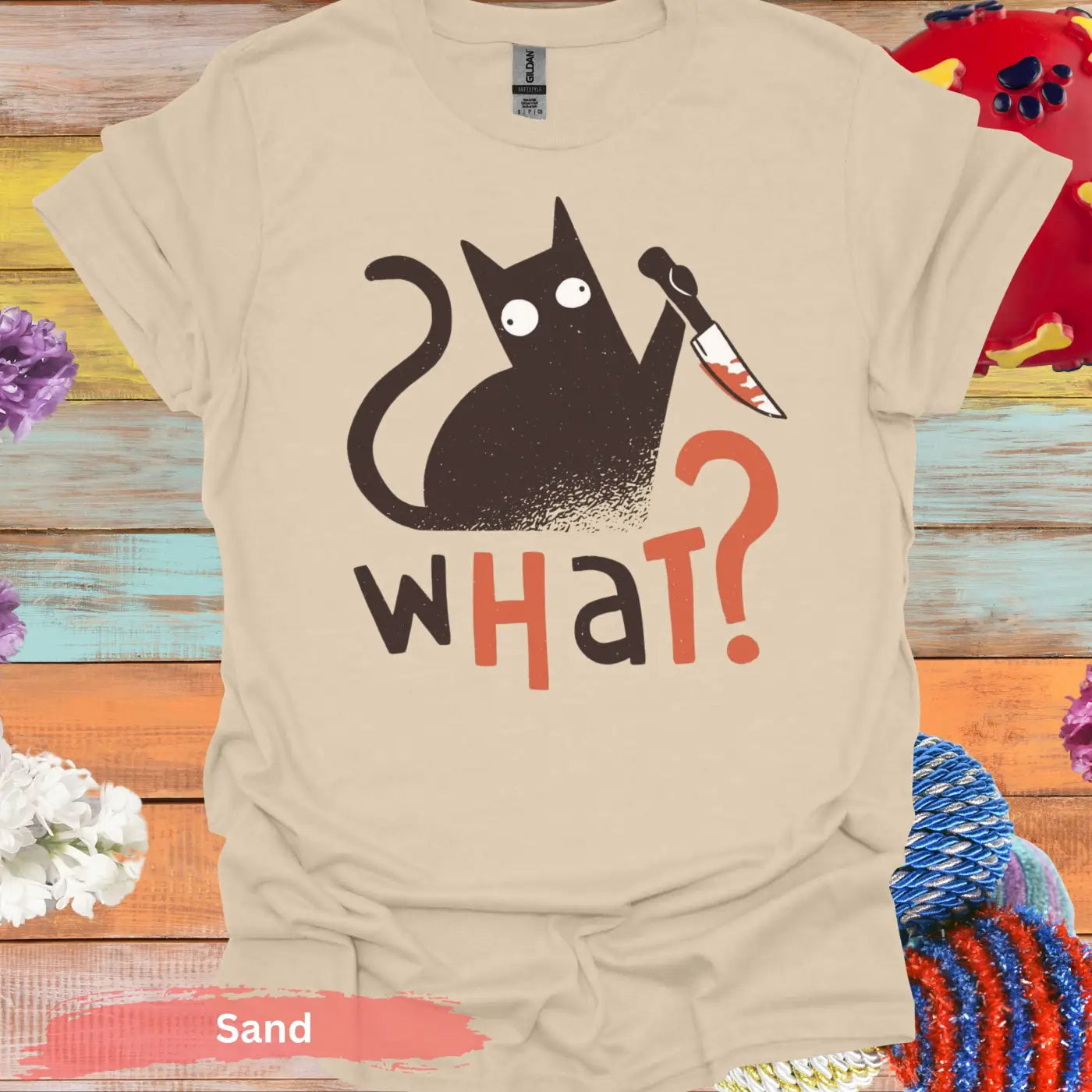 ’What’ Black Cat T-shirt - S / Sand - Physical Item