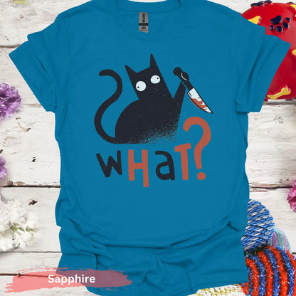 ’What’ Black Cat T-shirt - S / Sapphire - Physical Item