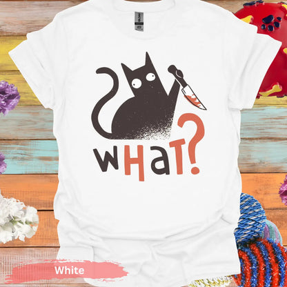 ’What’ Black Cat T-shirt - S / White - Physical Item