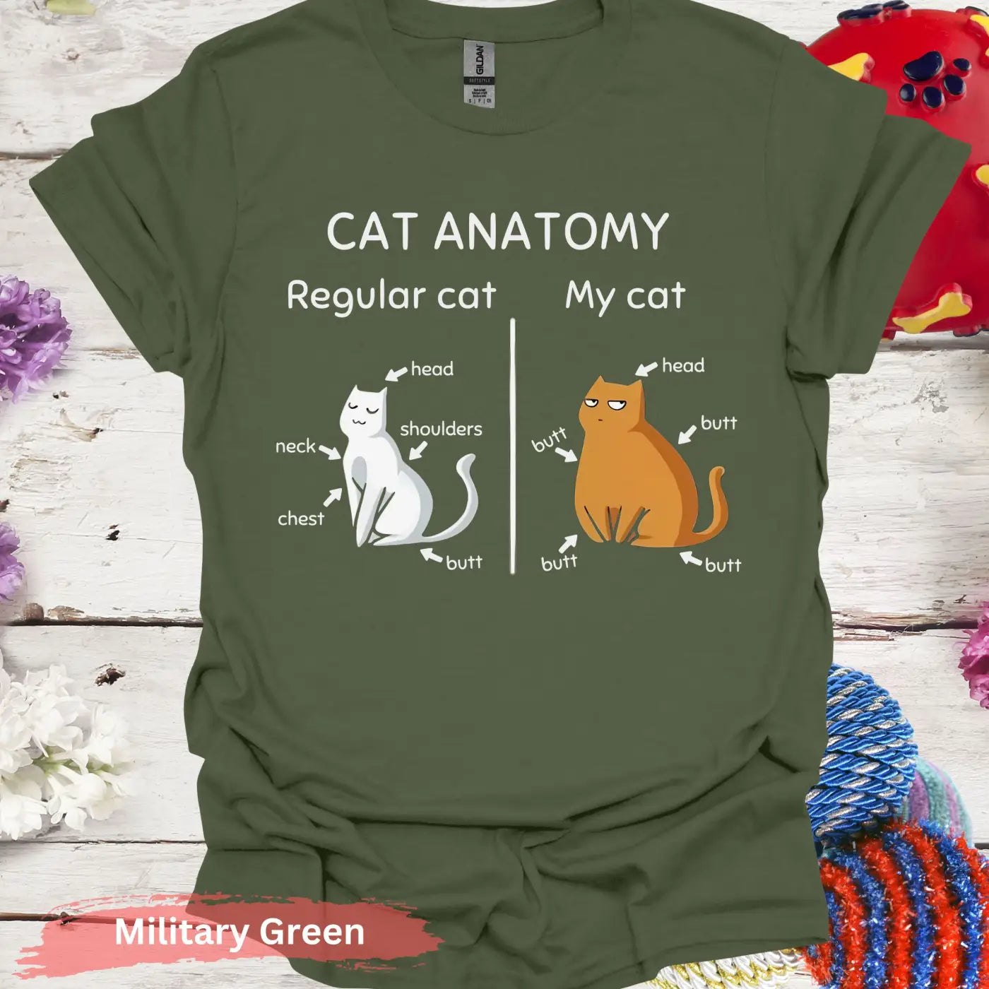 Funny Cat Anatomy T-Shirt - S / Military Green - Physical Item