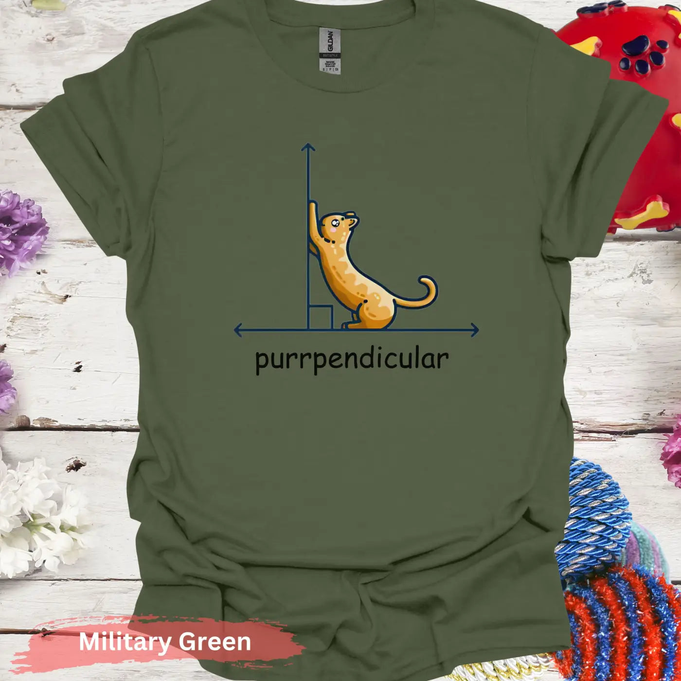 ’Purrpendicular’ T-Shirt - S / Military Green - Physical Item