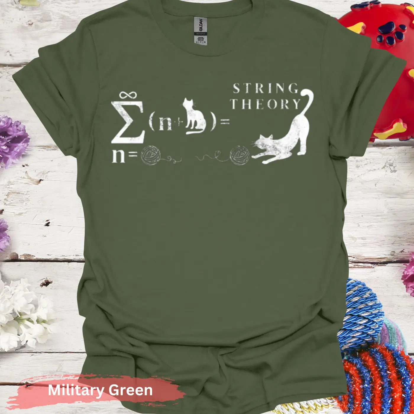 Cat String Theory T-Shirt - S / Military Green - Physical Item