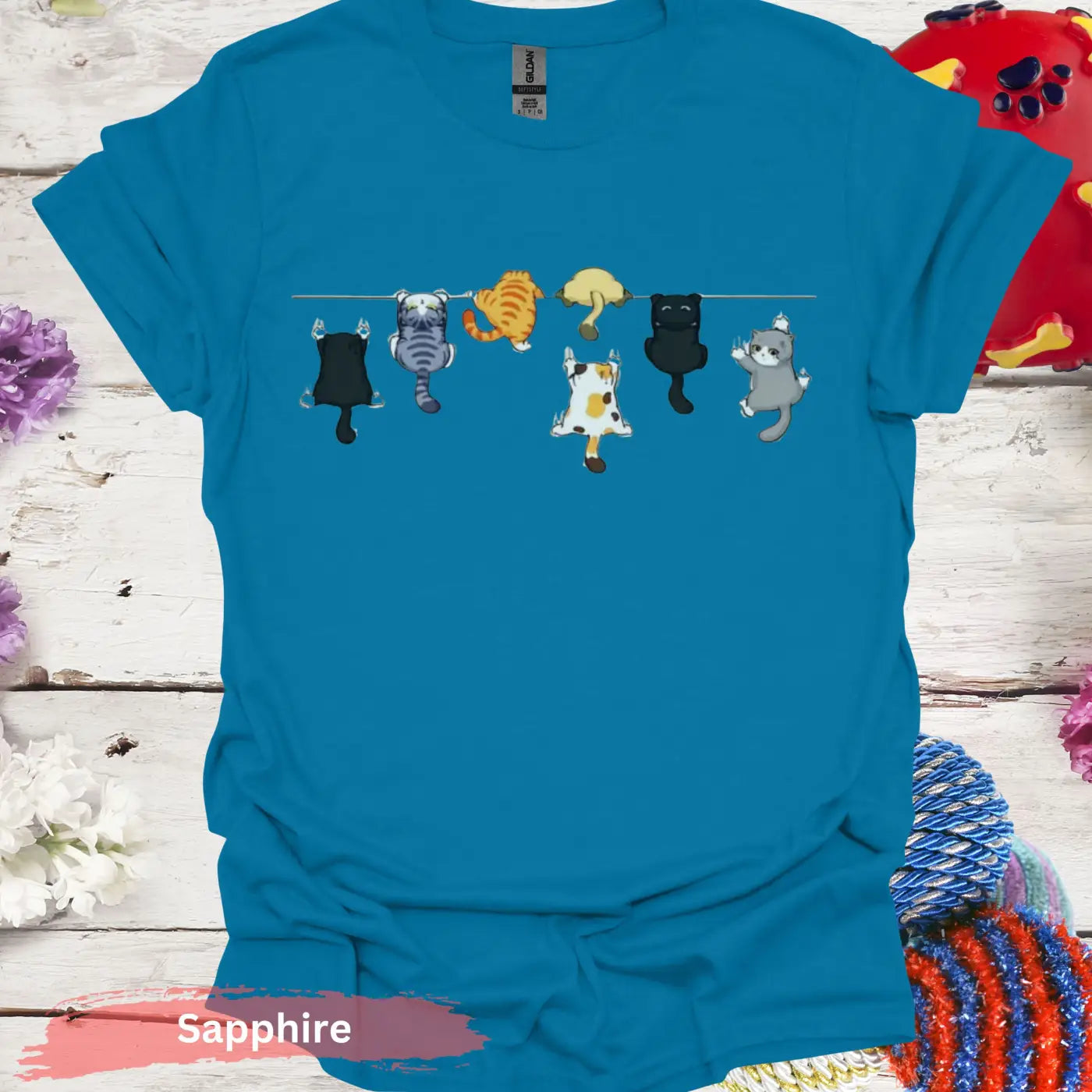 Funny Hanging Cats on a ClotheslineT-shirt - S / Sapphire - Physical Item