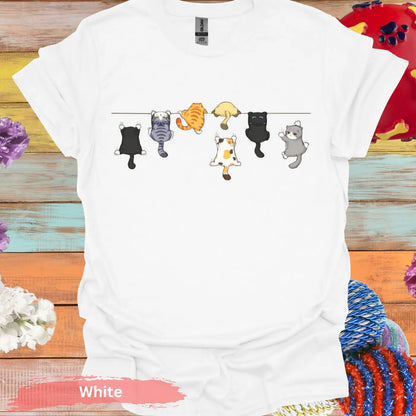 Funny Hanging Cats on a ClotheslineT-shirt - S / White - Physical Item