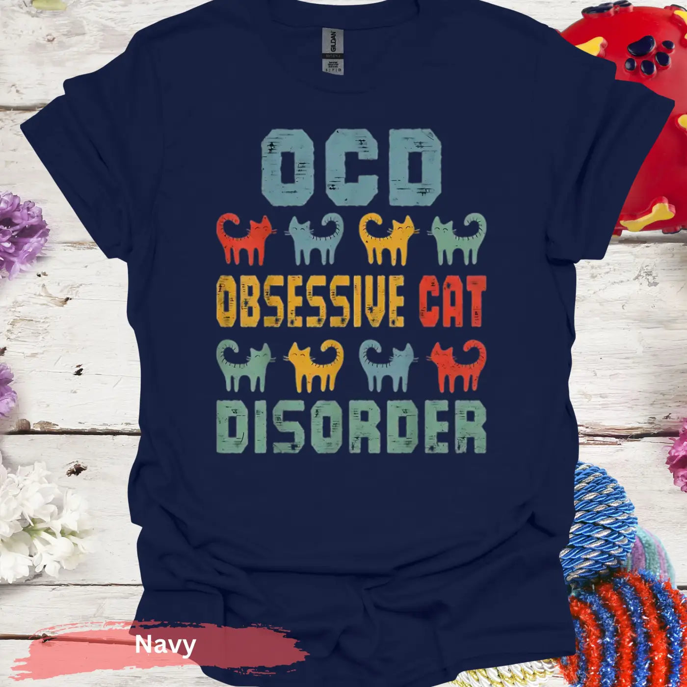 Funny OCD Obsessive Cat Disorder T-Shirt - S / Navy - Physical Item