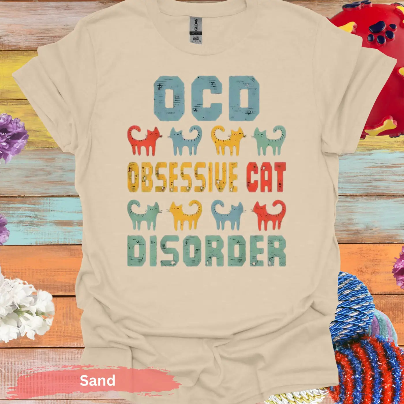 Funny OCD Obsessive Cat Disorder T-Shirt - S / Sand - Physical Item