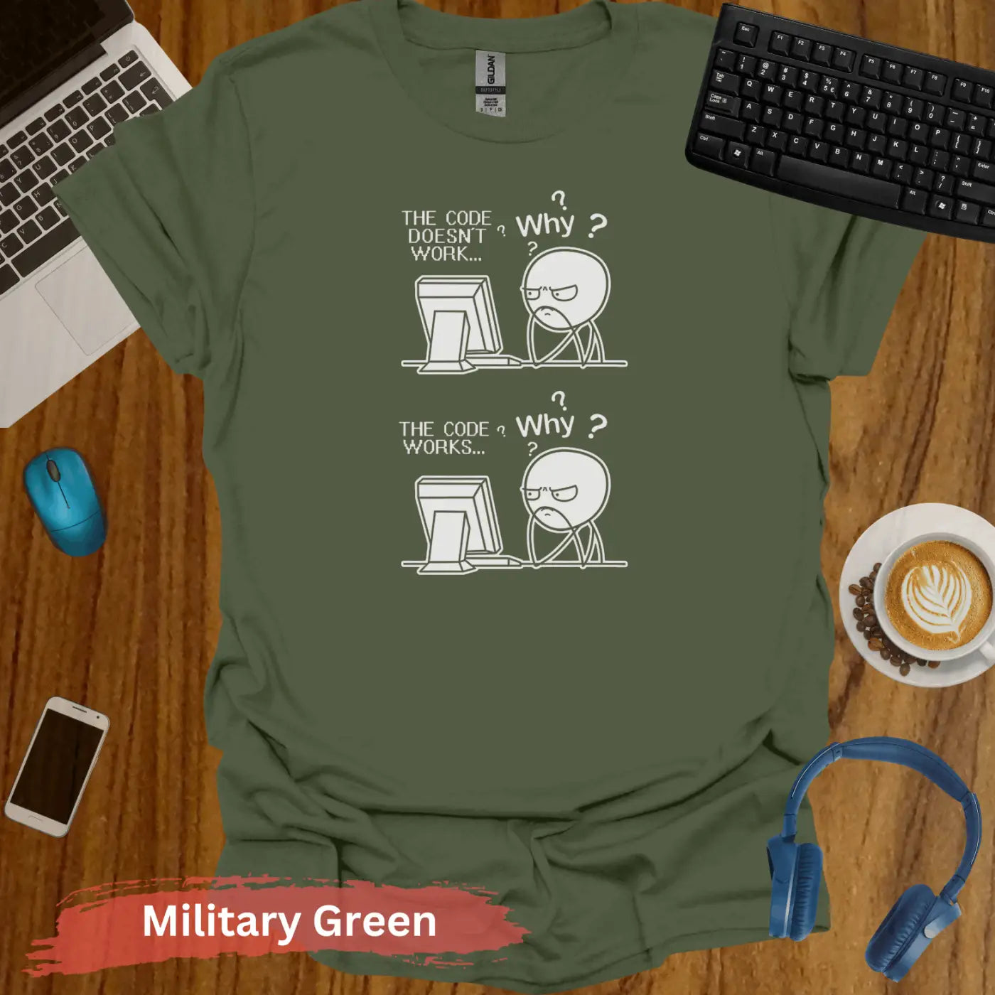 Funny Programmer Coding Comic Meme T-Shirt - S / Military Green - Physical Item