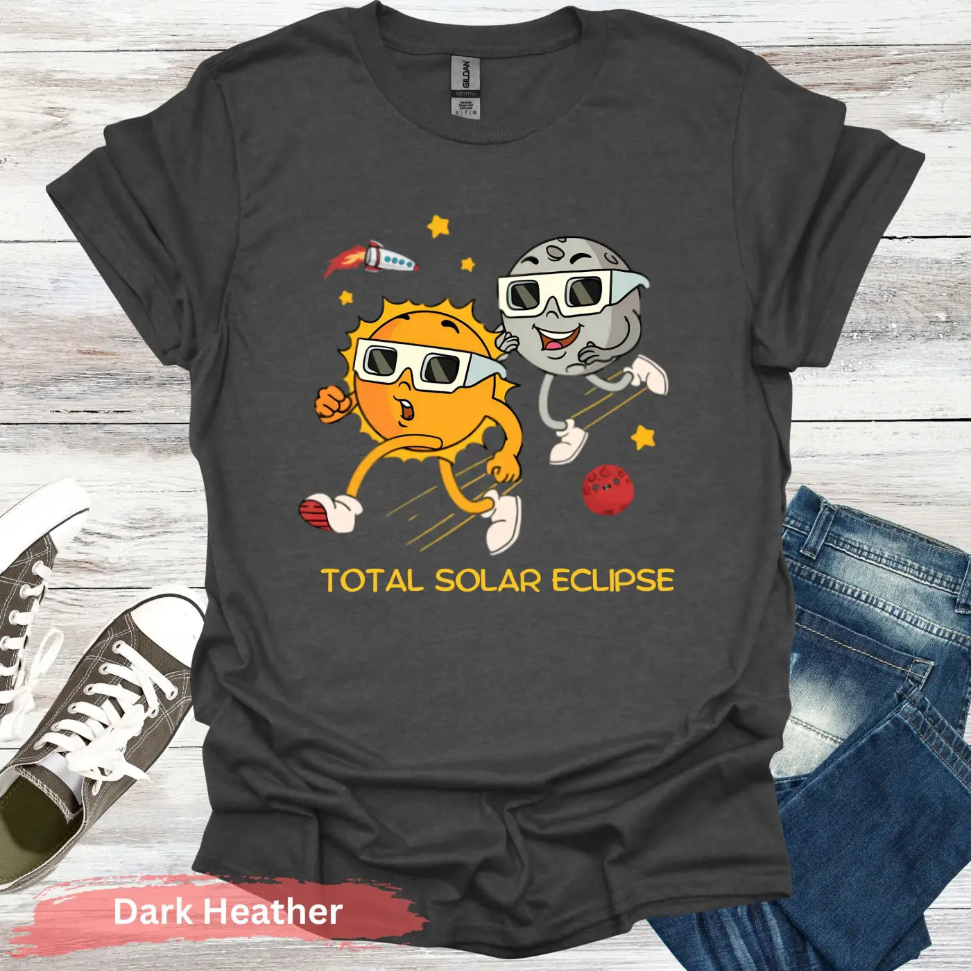 Funny Solar Eclipse Cartoon T-shirt - S / Dark Heather - Physical Item