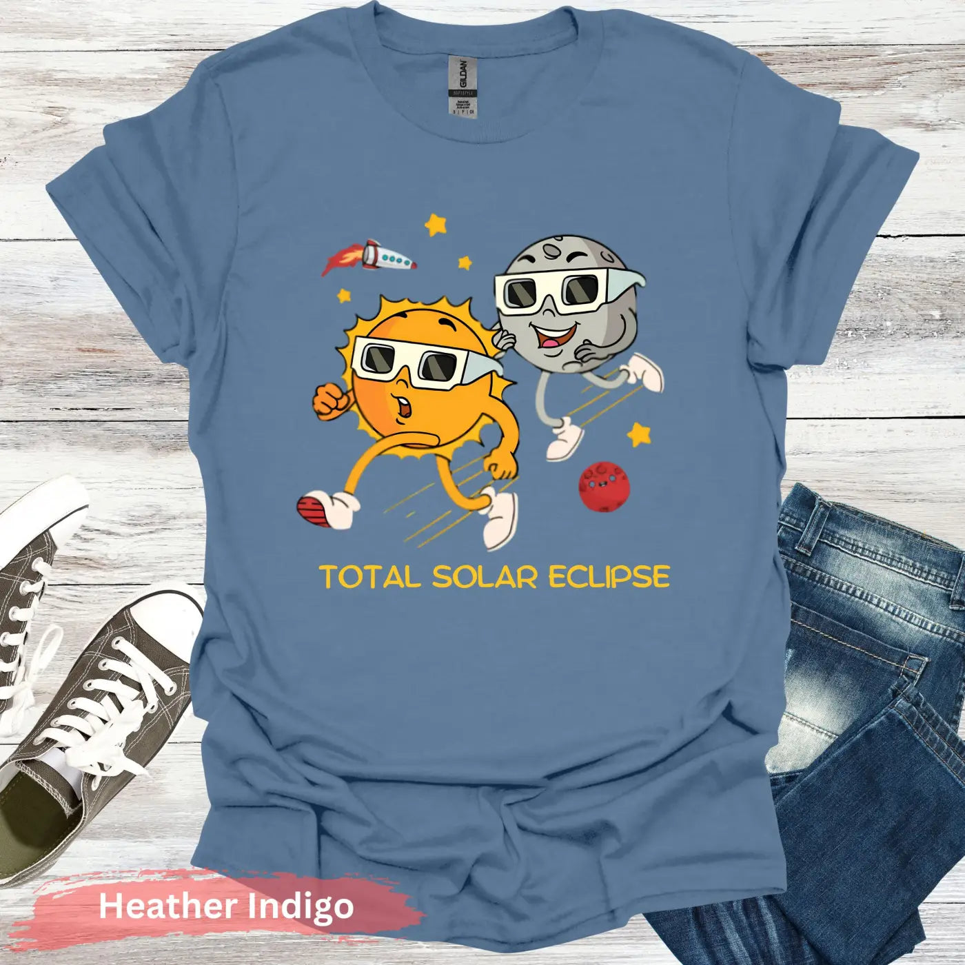 Funny Solar Eclipse Cartoon T-shirt - S / Heather Indigo - Physical Item