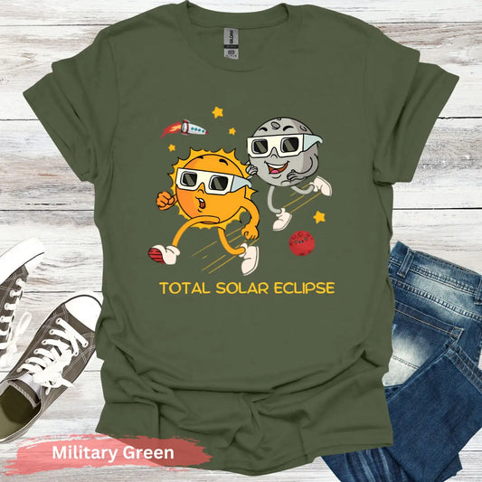 Funny Solar Eclipse Cartoon T-shirt - S / Military Green - Physical Item