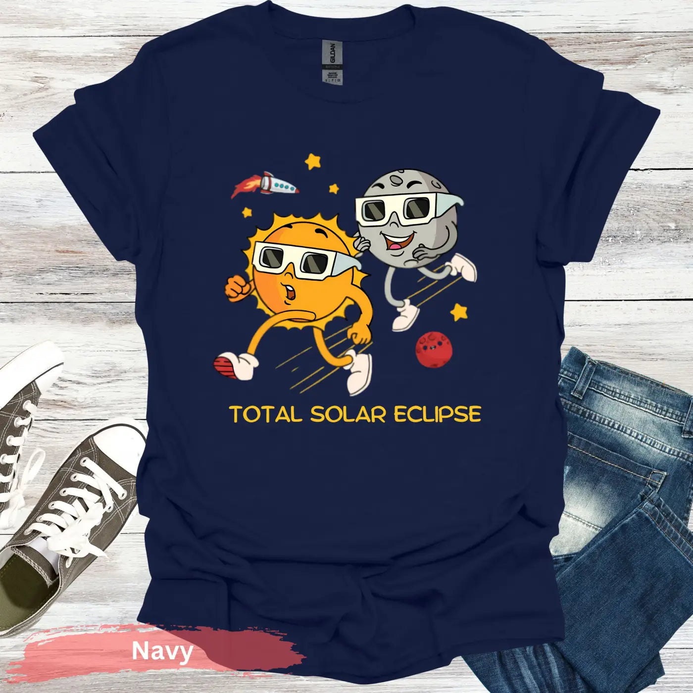 Funny Solar Eclipse Cartoon T-shirt - S / Navy - Physical Item