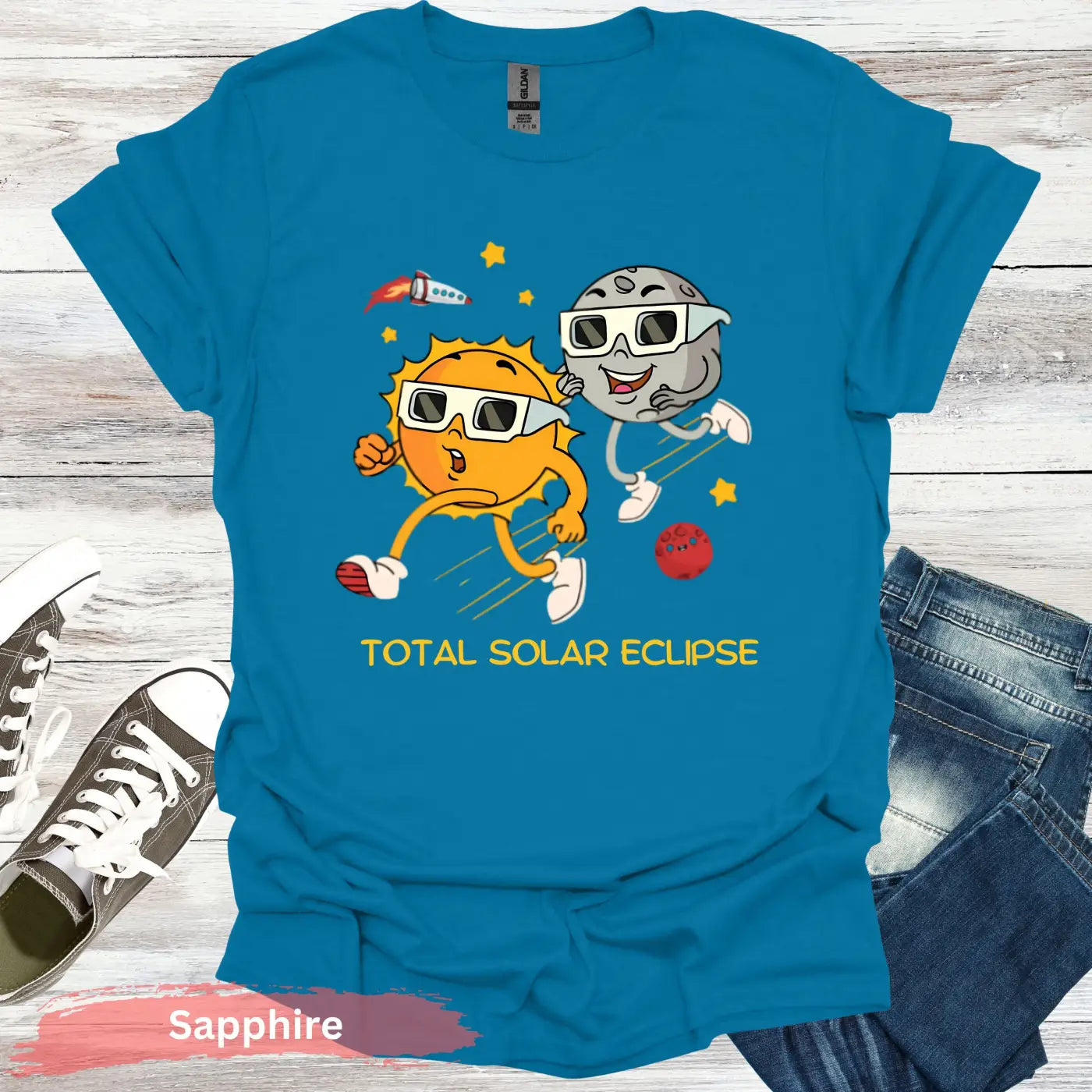 Funny Solar Eclipse Cartoon T-shirt - S / Sapphire - Physical Item