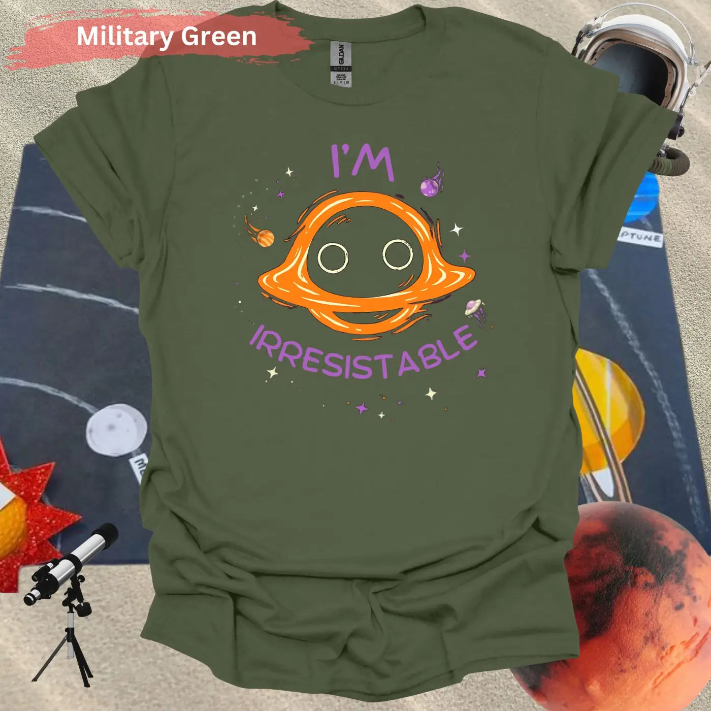 Funny Space T-Shirt – ’I’m Irresistible’ Black Hole Design - S / Military Green - Physical Item