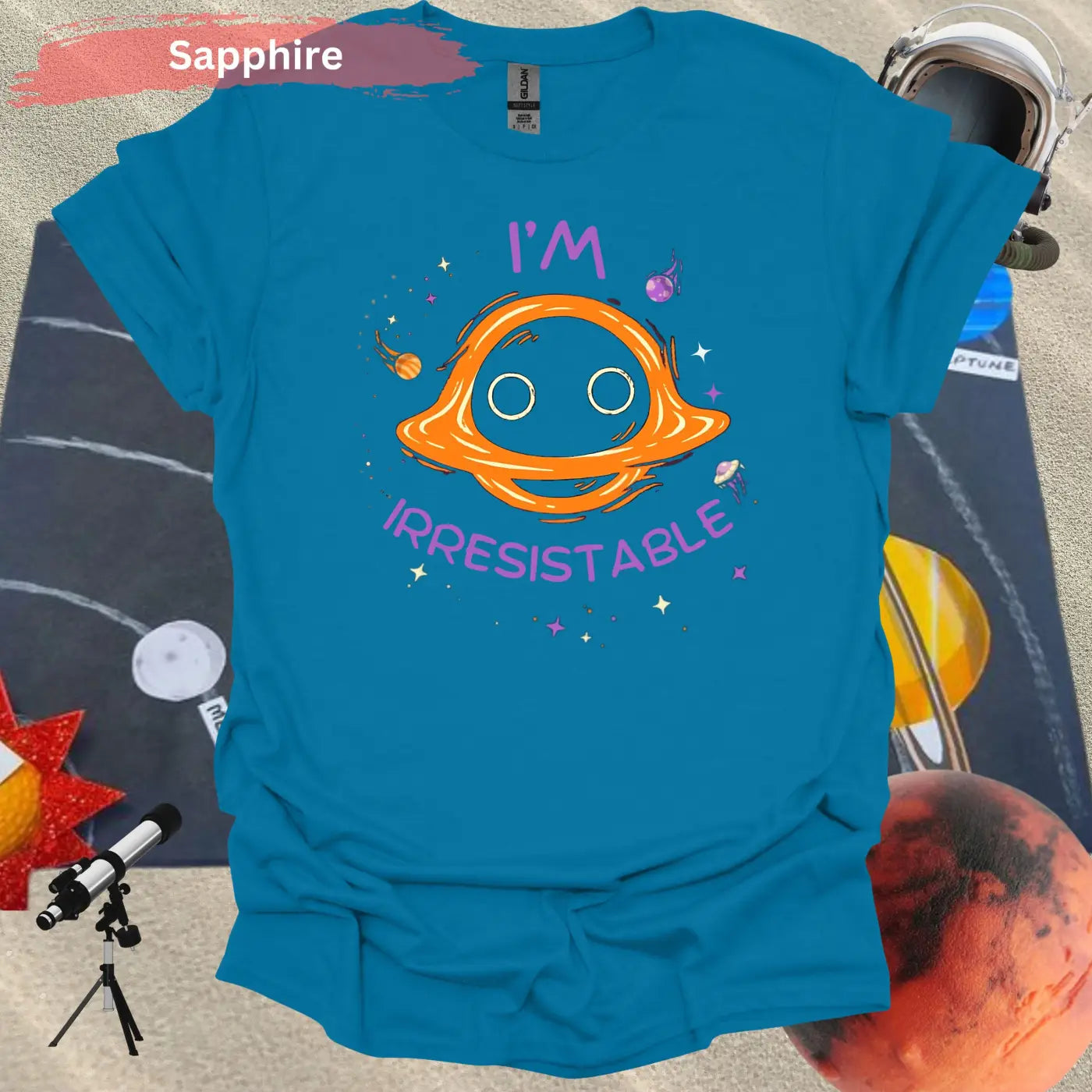 Funny Space T-Shirt – ’I’m Irresistible’ Black Hole Design - S / Sapphire - Physical Item