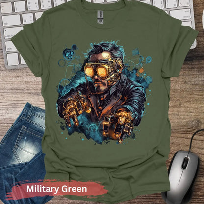 Futuristic Steampunk Inventor T-Shirt - S / Military Green - Physical Item