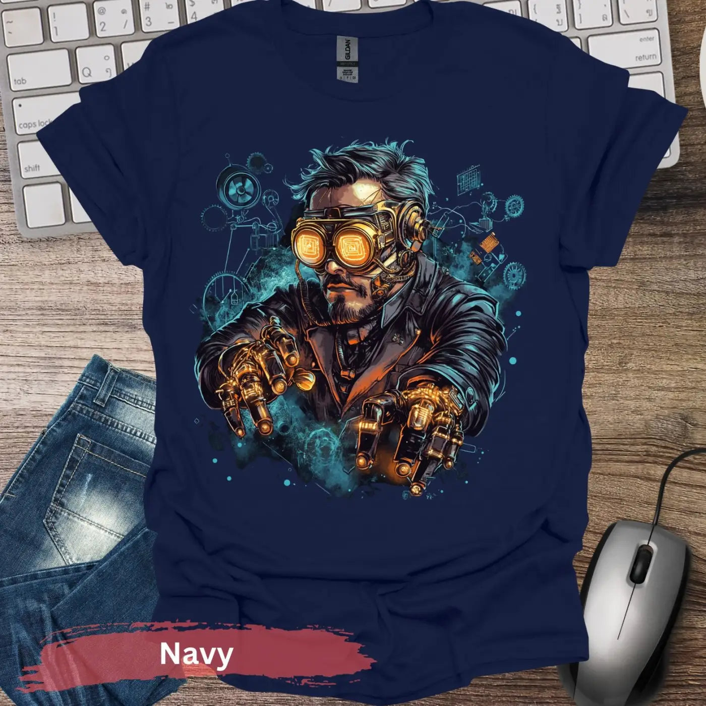 Futuristic Steampunk Inventor T-Shirt - S / Navy - Physical Item