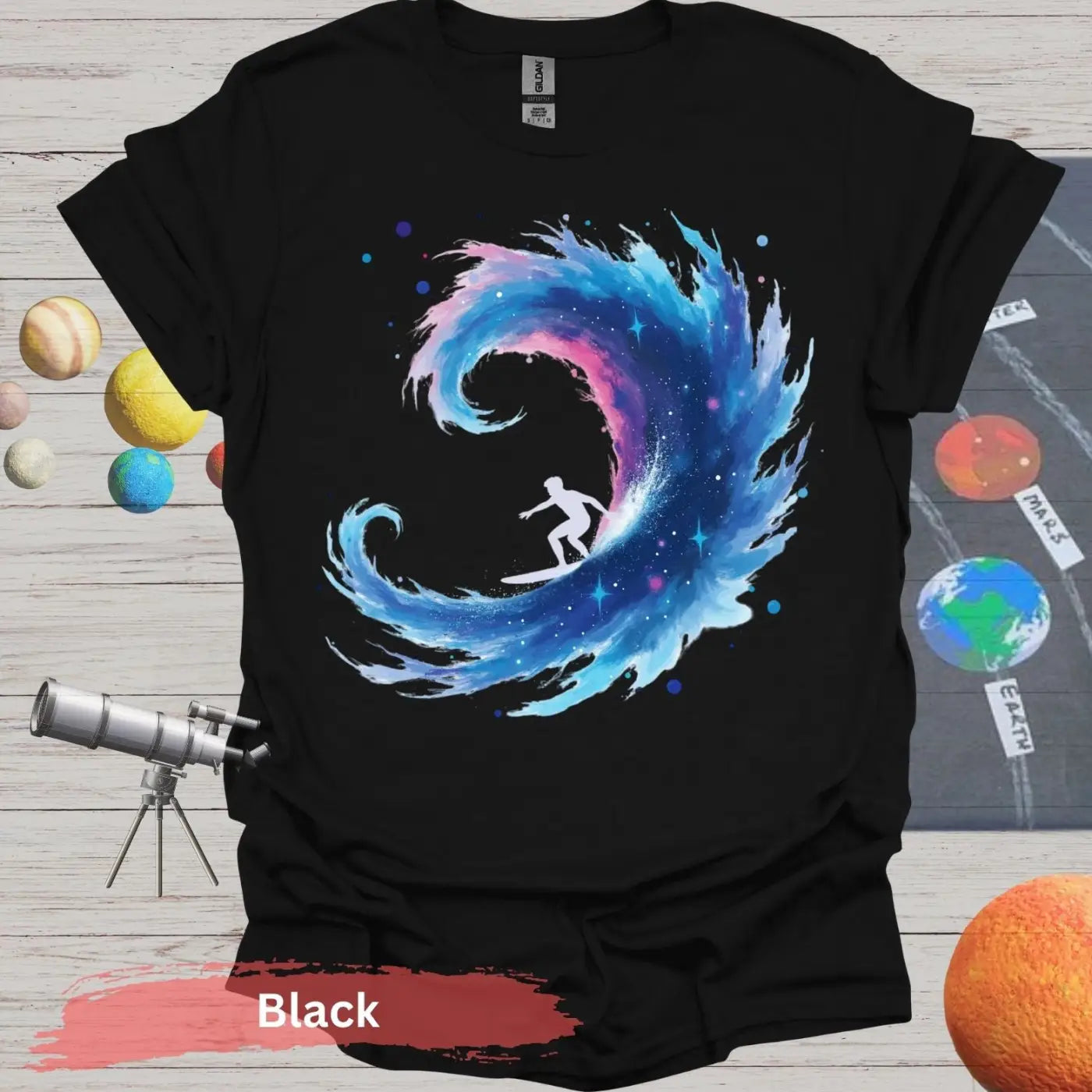 Galactic Surfing Adventure: Cosmic Wave T-Shirt Design - S / Black - Physical Item