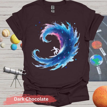 Galactic Surfing Adventure: Cosmic Wave T-Shirt Design - S / Dark Chocolate - Physical Item