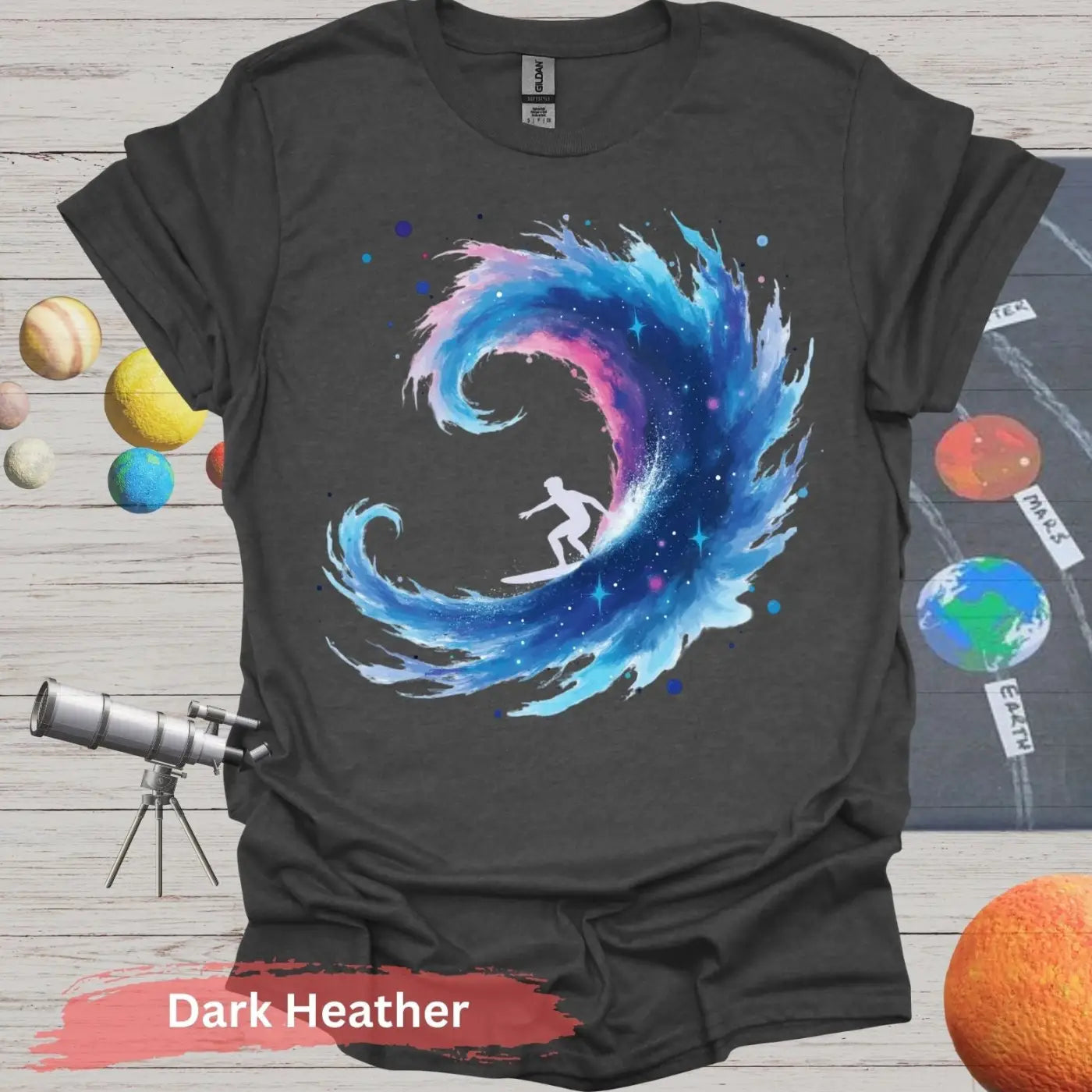 Galactic Surfing Adventure: Cosmic Wave T-Shirt Design - S / Dark Heather - Physical Item