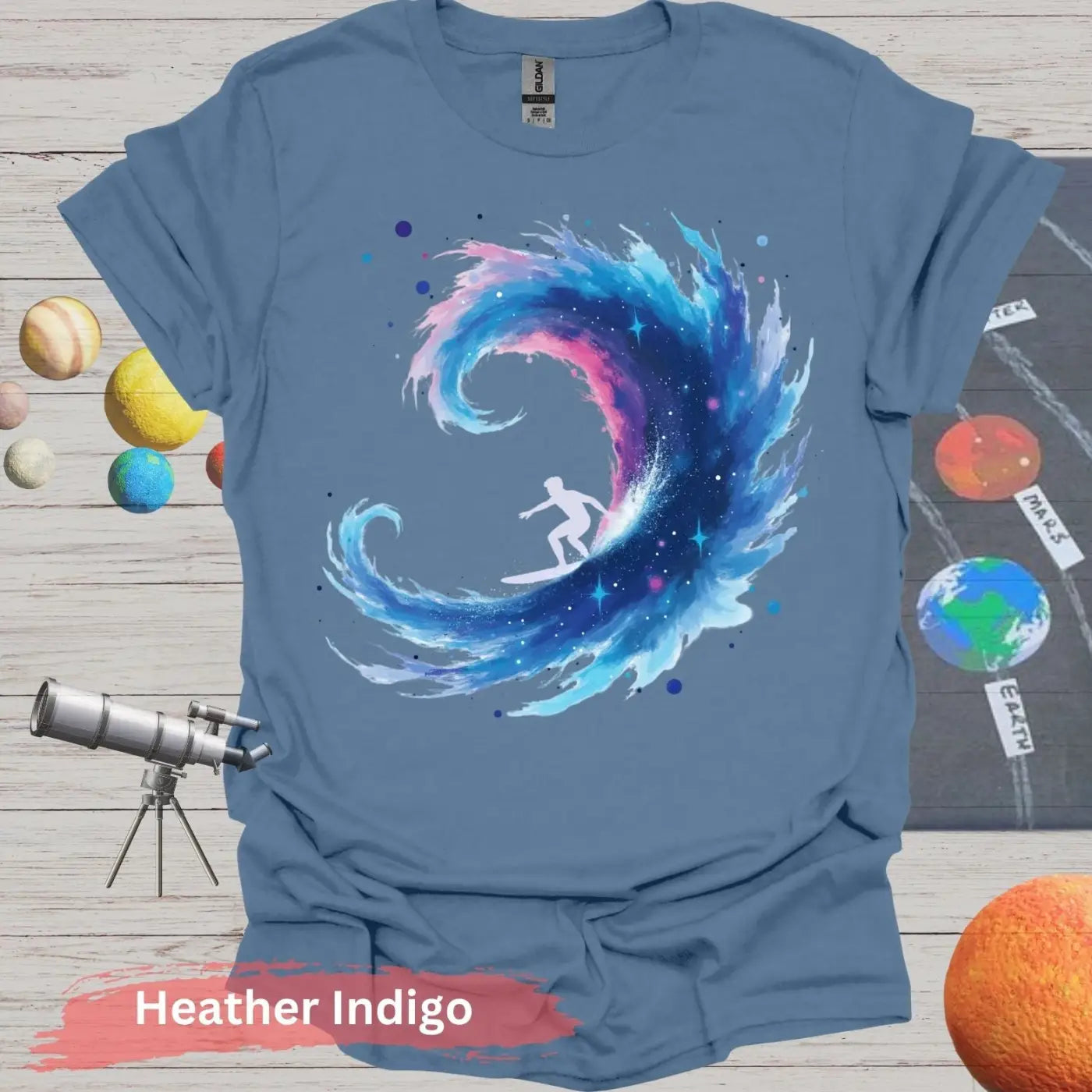 Galactic Surfing Adventure: Cosmic Wave T-Shirt Design - S / Heather Indigo - Physical Item