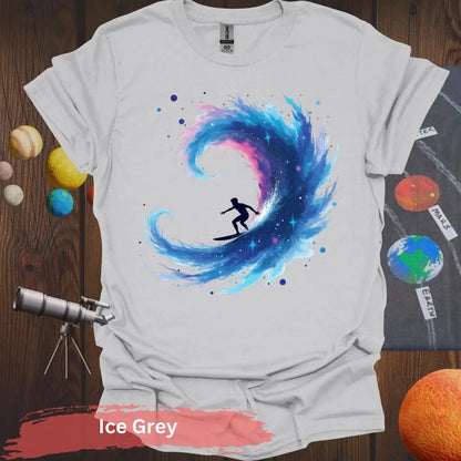 Galactic Surfing Adventure: Cosmic Wave T-Shirt Design - S / Ice Grey - Physical Item