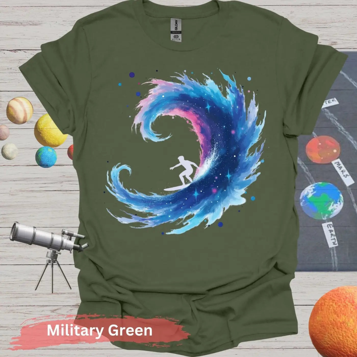 Galactic Surfing Adventure: Cosmic Wave T-Shirt Design - S / Military Green - Physical Item