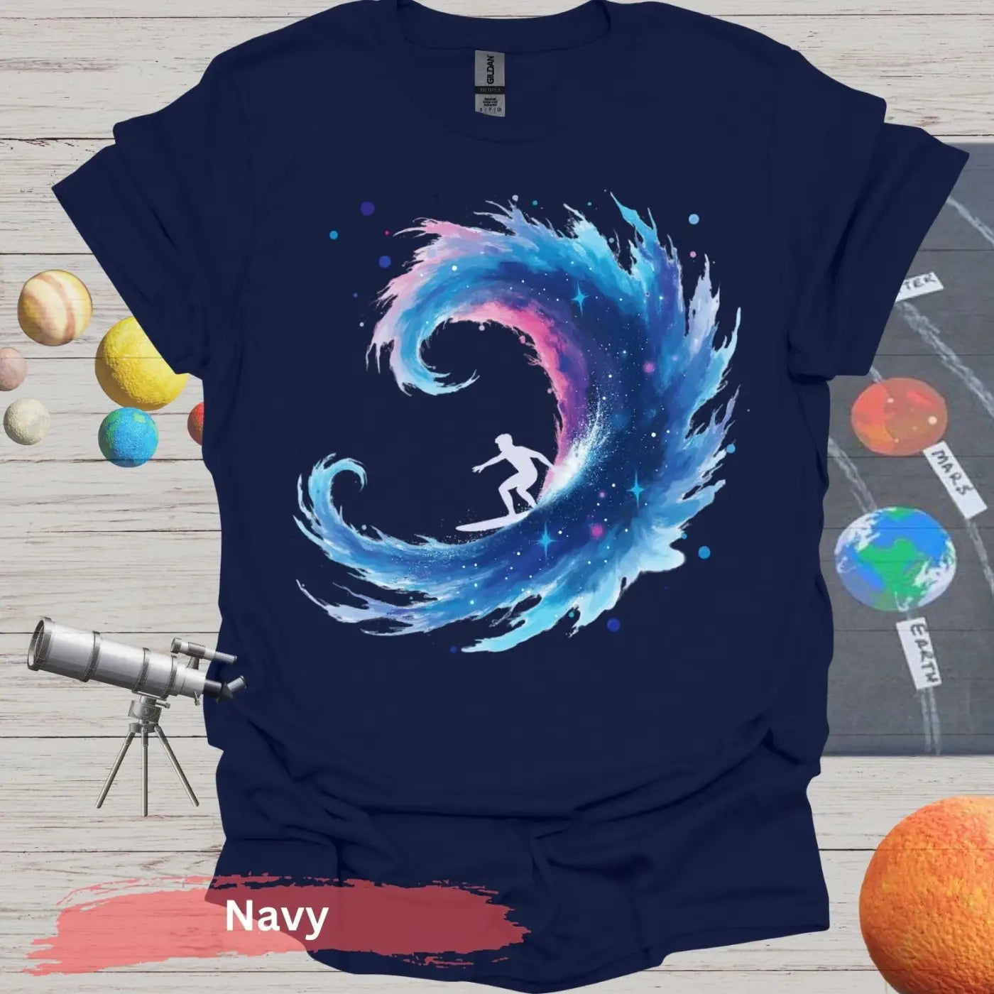 Galactic Surfing Adventure: Cosmic Wave T-Shirt Design - S / Navy - Physical Item