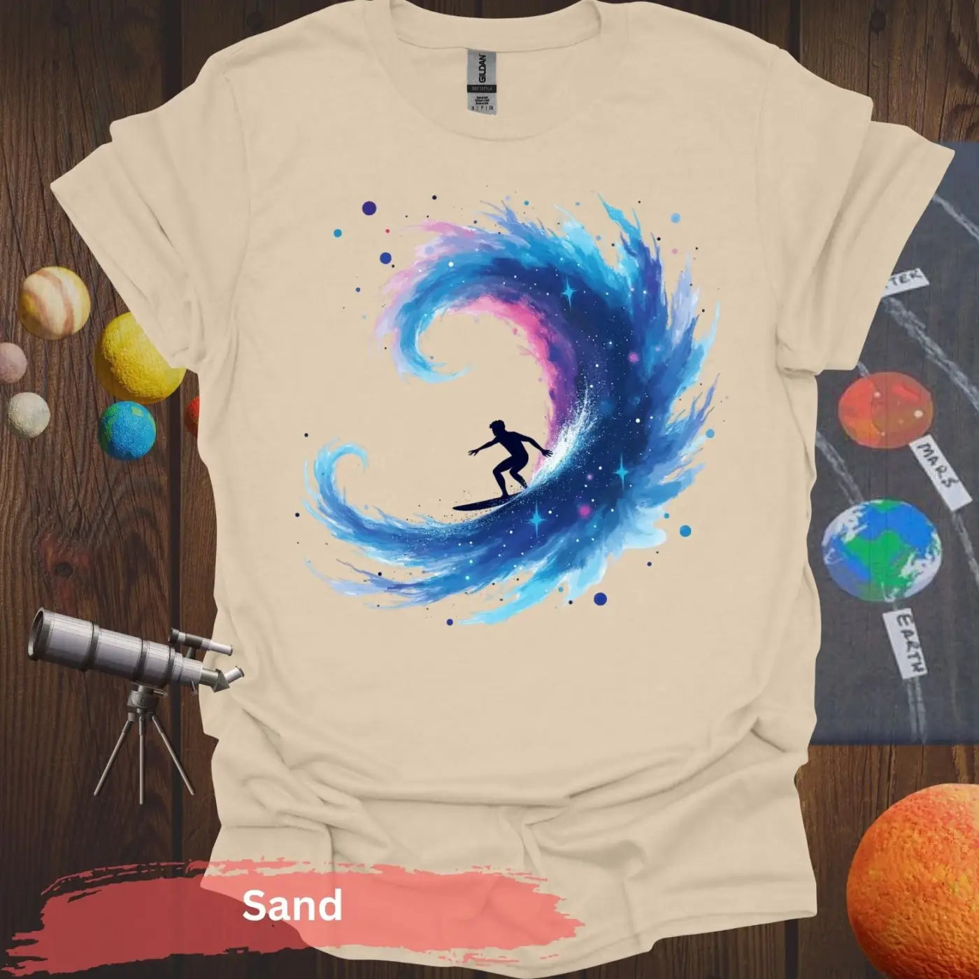 Galactic Surfing Adventure: Cosmic Wave T-Shirt Design - S / Sand - Physical Item