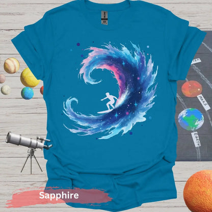 Galactic Surfing Adventure: Cosmic Wave T-Shirt Design - S / Sapphire - Physical Item