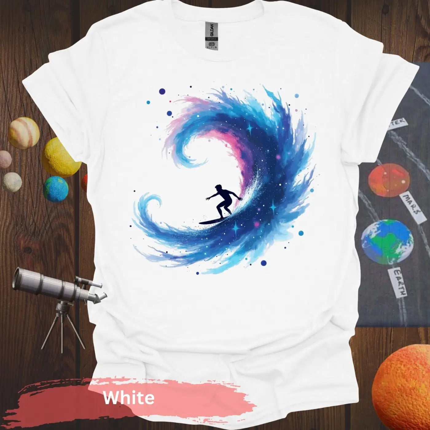 Galactic Surfing Adventure: Cosmic Wave T-Shirt Design - S / White - Physical Item