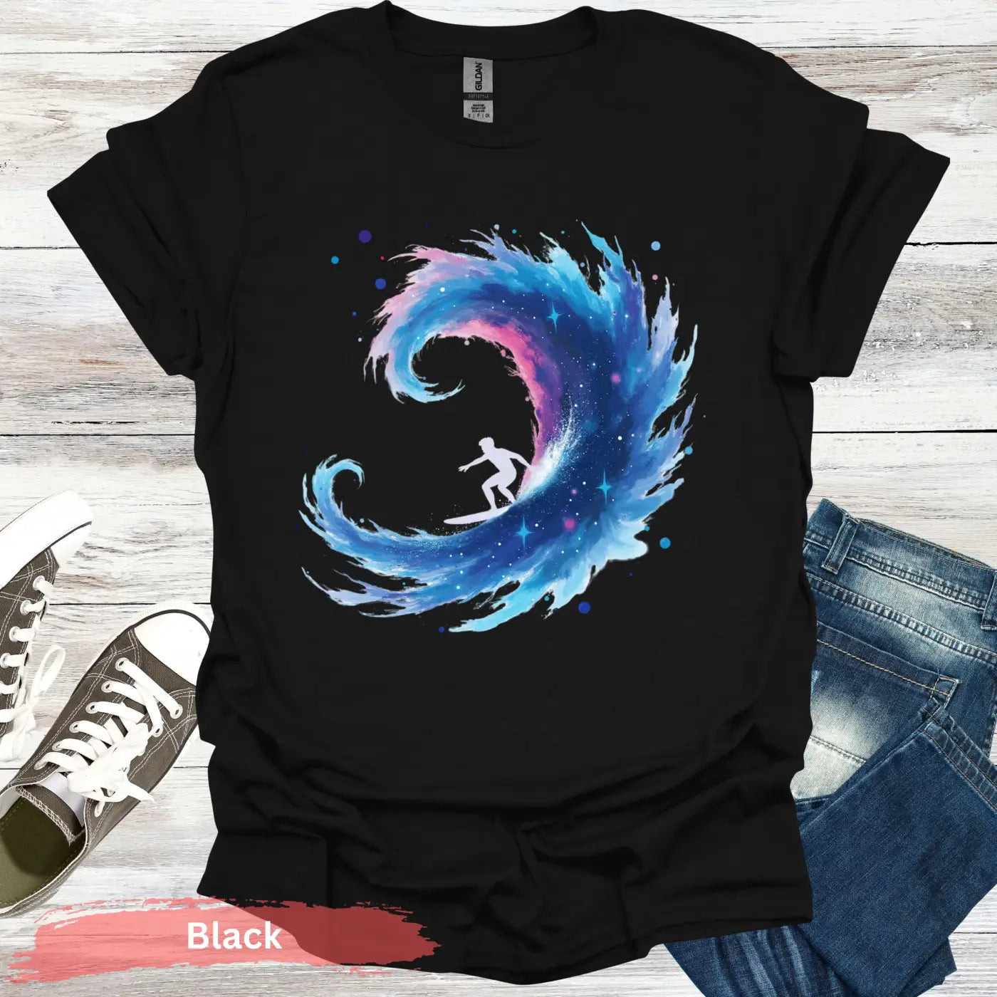 Galactic Surfing Adventure T-shirt - S / Black - Physical Item