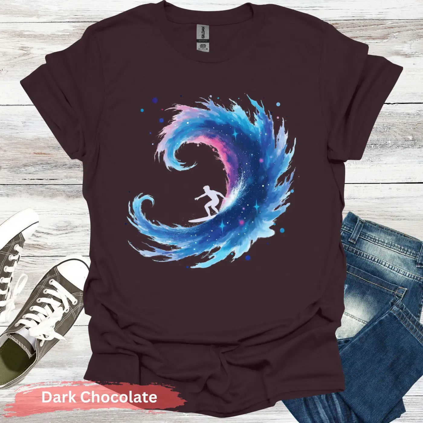 Galactic Surfing Adventure T-shirt - S / Dark Chocolate - Physical Item