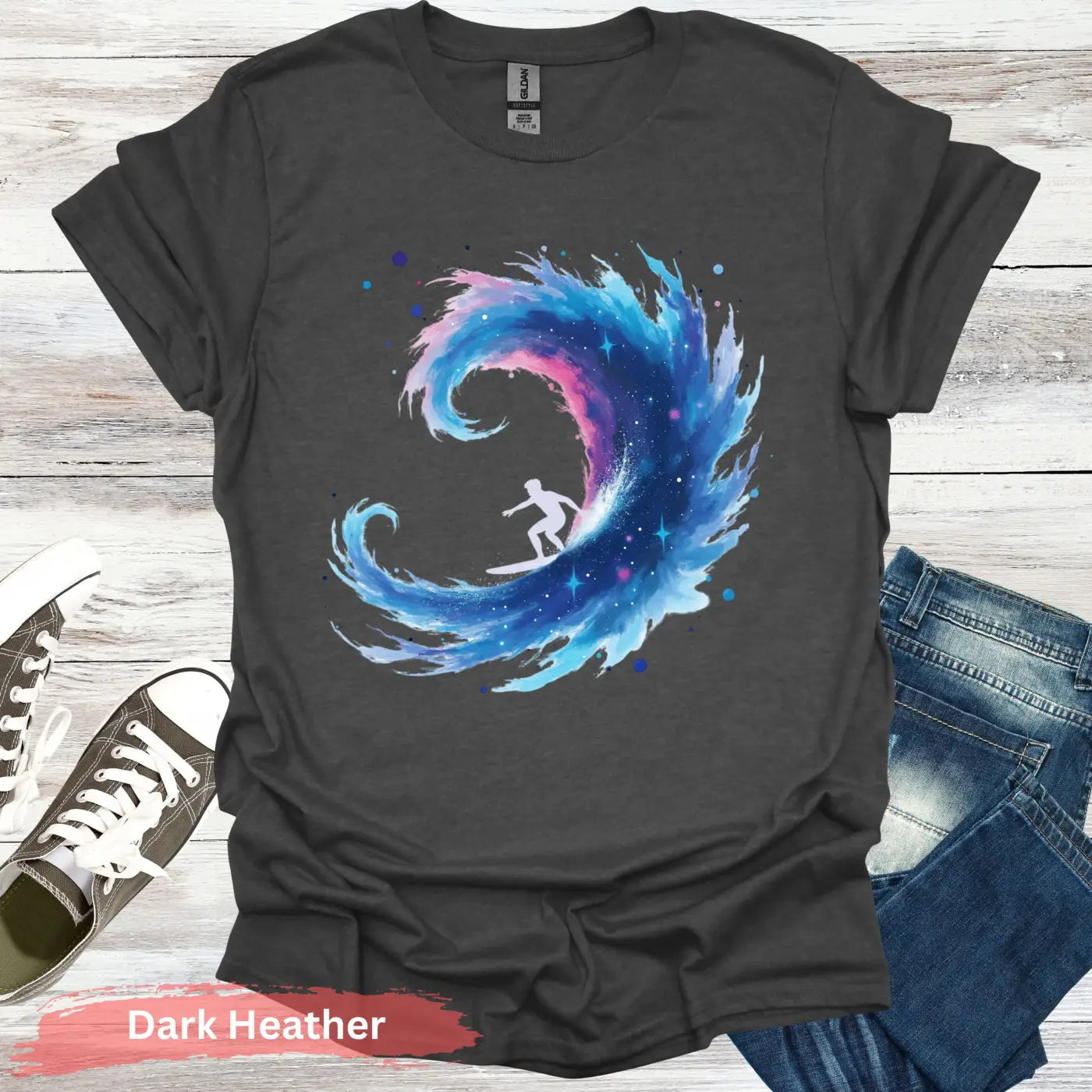 Galactic Surfing Adventure T-shirt - S / Dark Heather - Physical Item
