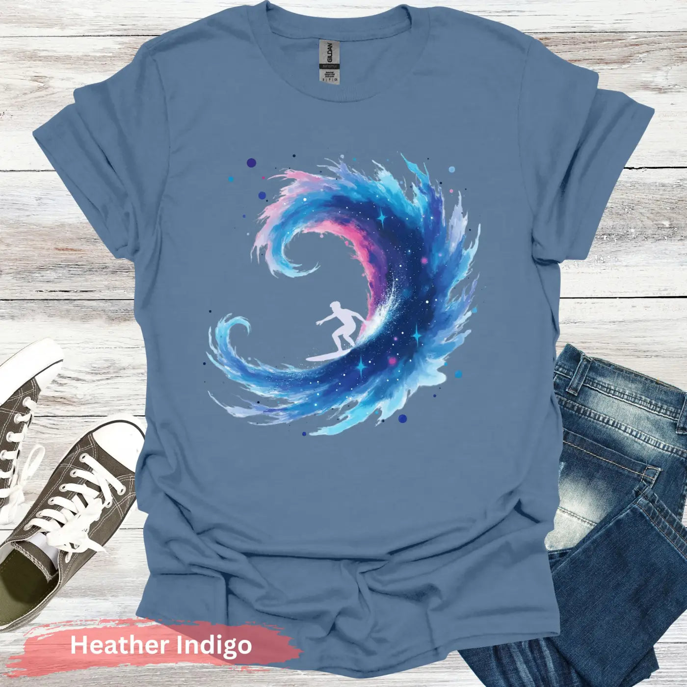 Galactic Surfing Adventure T-shirt - S / Heather Indigo - Physical Item