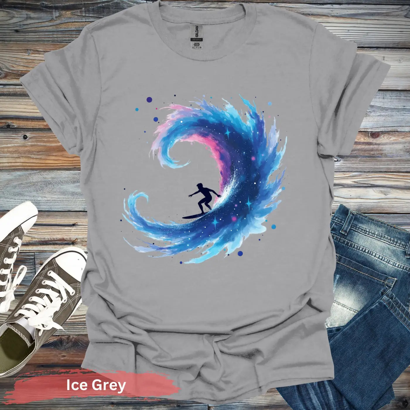 Galactic Surfing Adventure T-shirt - S / Ice Grey - Physical Item