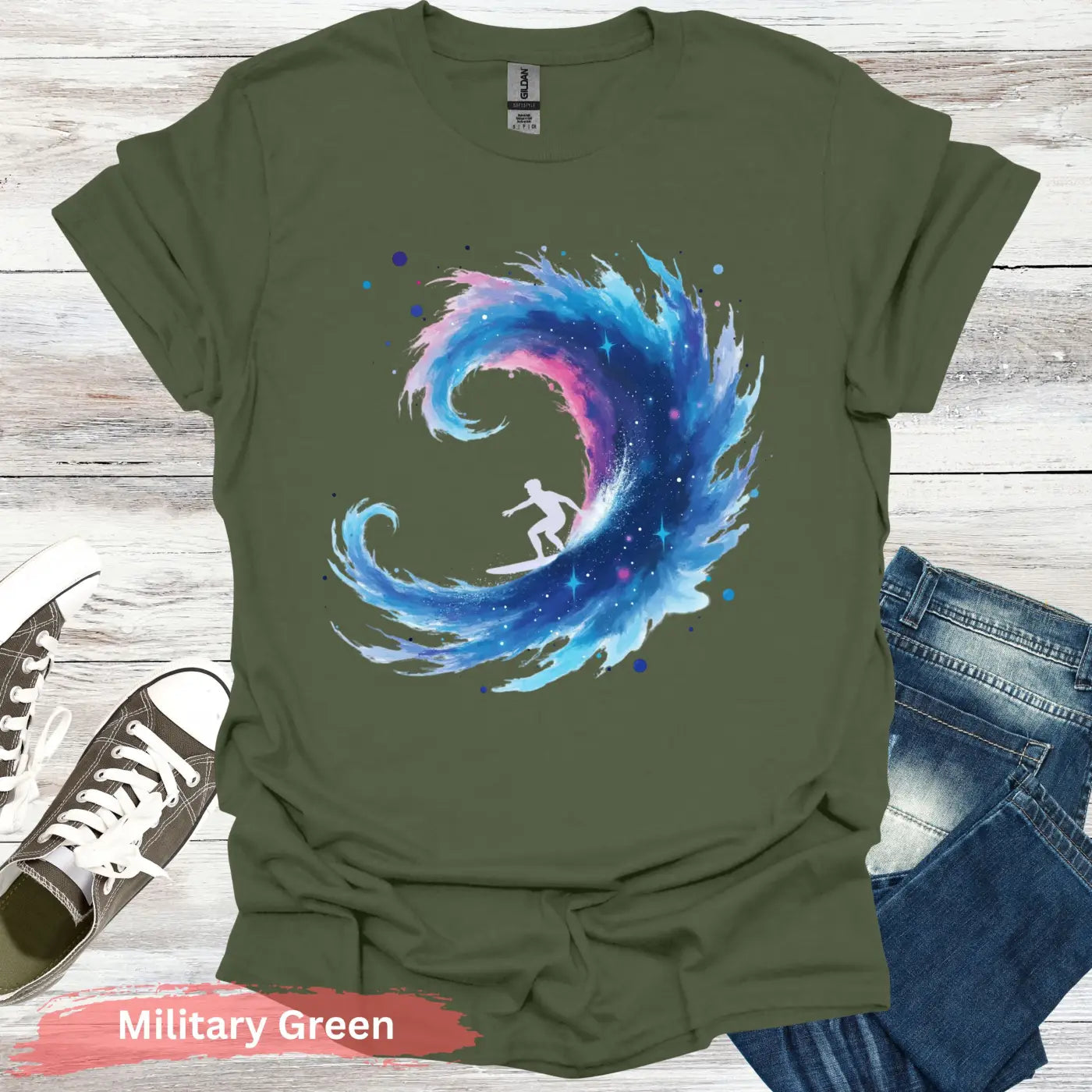 Galactic Surfing Adventure T-shirt - S / Military Green - Physical Item
