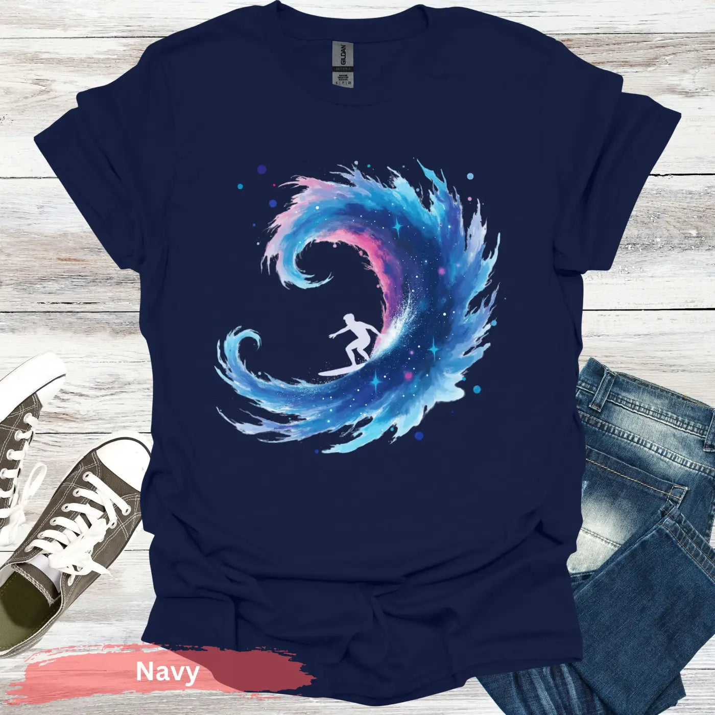 Galactic Surfing Adventure T-shirt - S / Navy - Physical Item